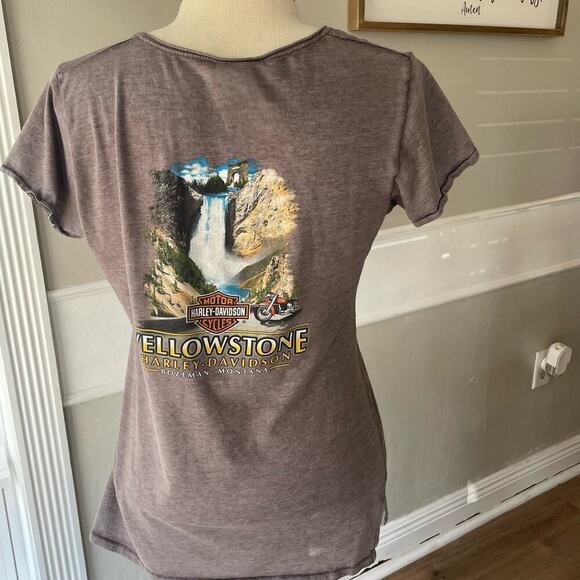 Harley Davidson V Neck Yellowstone Graphic Tee Top Size Large Lightweight Biker - Picture 2 of 5